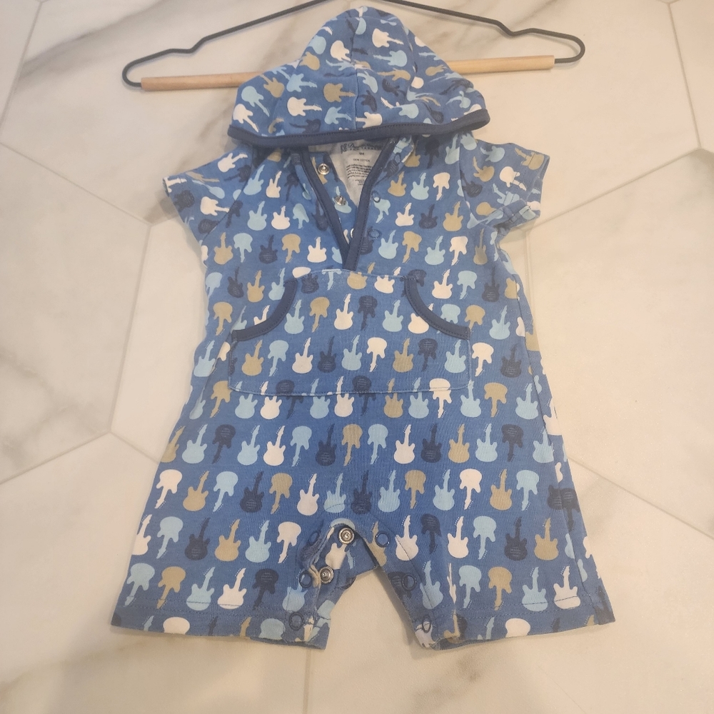 Dwell studio, boys 9 month, blue with 🎸 guitars short sleeve one piece outfit.